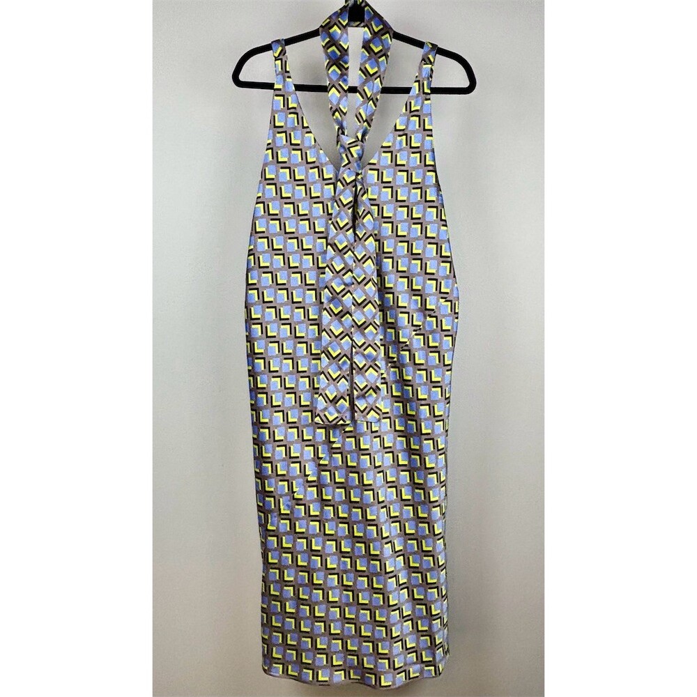 Wildfang Slip Dress Womens Multicolor Geometric Print Satin Midi V-Neck